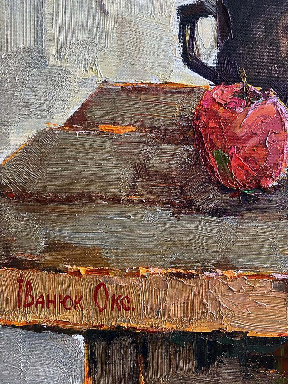 Oil painting Still life with apples by Oksana Ivanyuk vibrant red apple