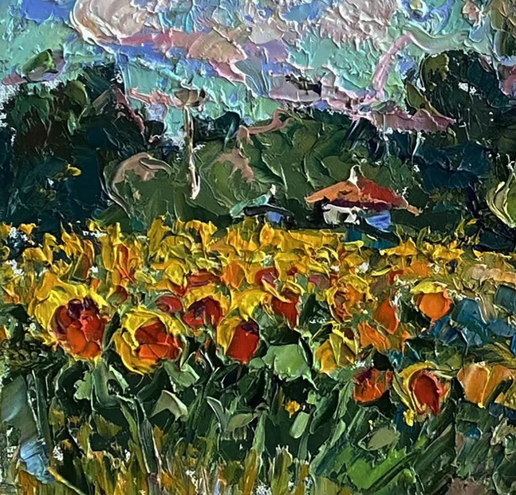 Vibrant yellow orange poppies in green field oil painting by Oleksiy Ivanyuk