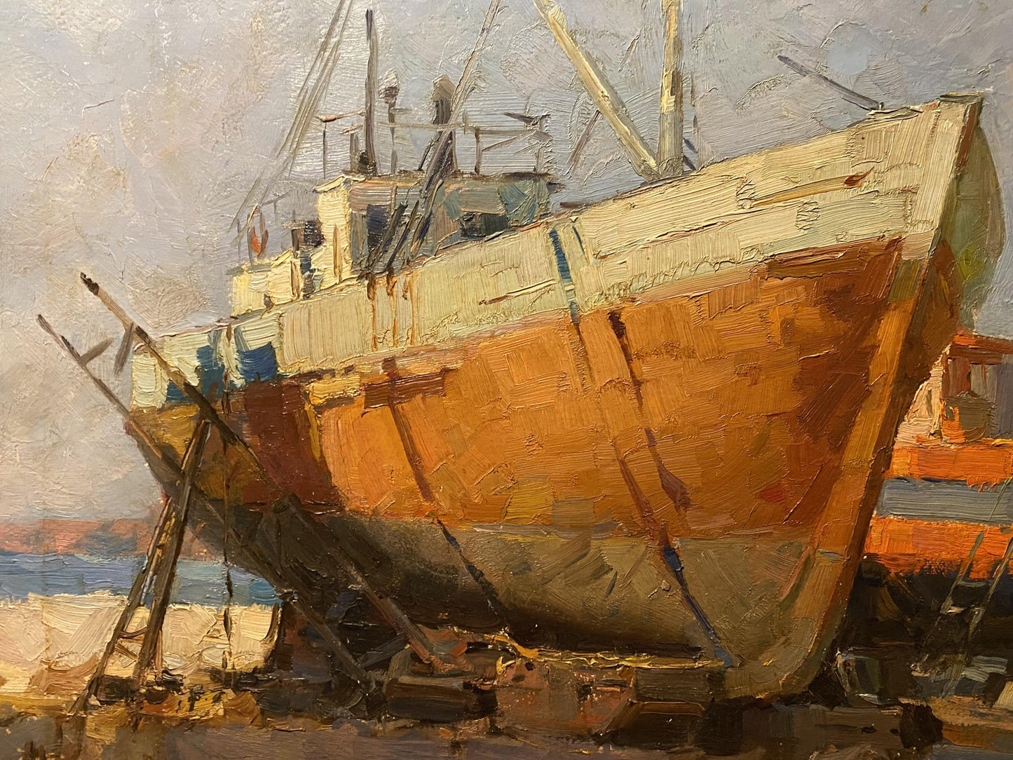 Weathered orange and white fishing boat on supports in harbor, oil painting by Osipov Alexander