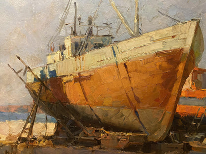 Weathered orange and white fishing boat on supports in harbor, oil painting by Osipov Alexander