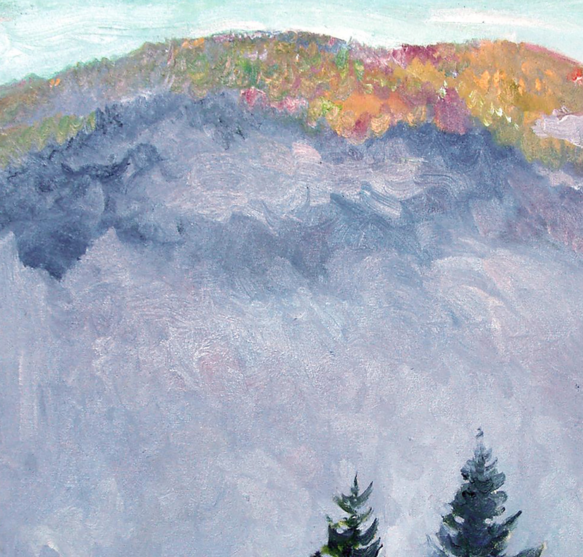 Oil painting Morning Fog by Leonid Pavlenko: misty mountain landscape