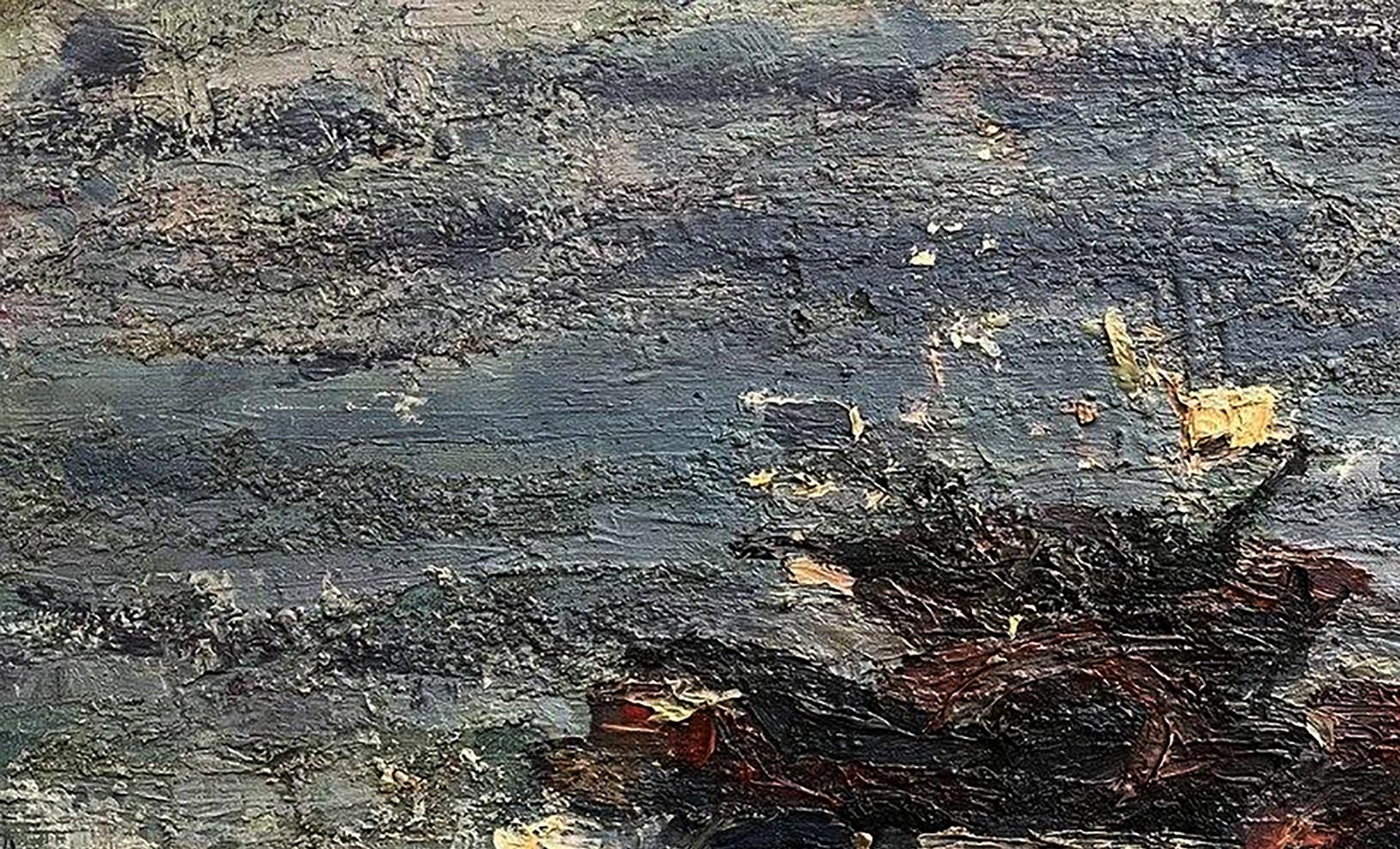 Oil painting of motorcycle on beach by Volodymyr Pashchenko, textured impasto