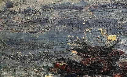 Oil painting of motorcycle on beach by Volodymyr Pashchenko, textured impasto