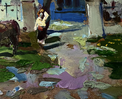 Oil painting by Yuriy Suprunchuk: cow near house in impressionistic style