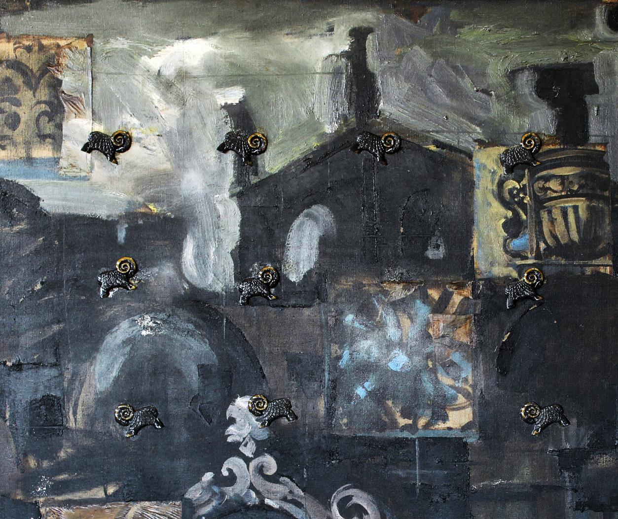 Black ram knobs on Ed Potapenkov Oil painting City under siege