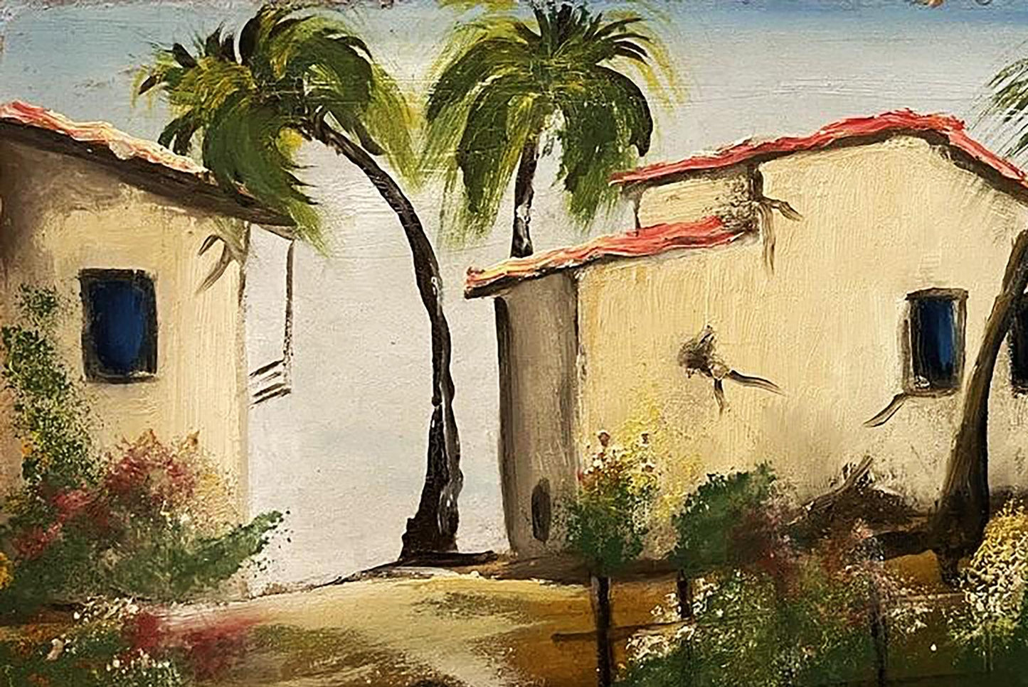 Oil painting of houses by the sea with palm trees and flowers