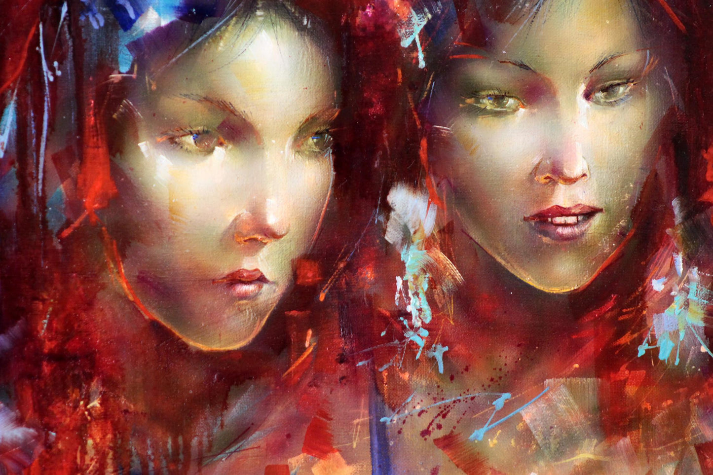Vibrant abstract oil painting of two womens faces with glowing ball by Alexander Dobrodiy
