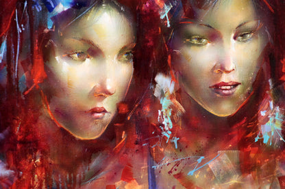 Vibrant abstract oil painting of two womens faces with glowing ball by Alexander Dobrodiy