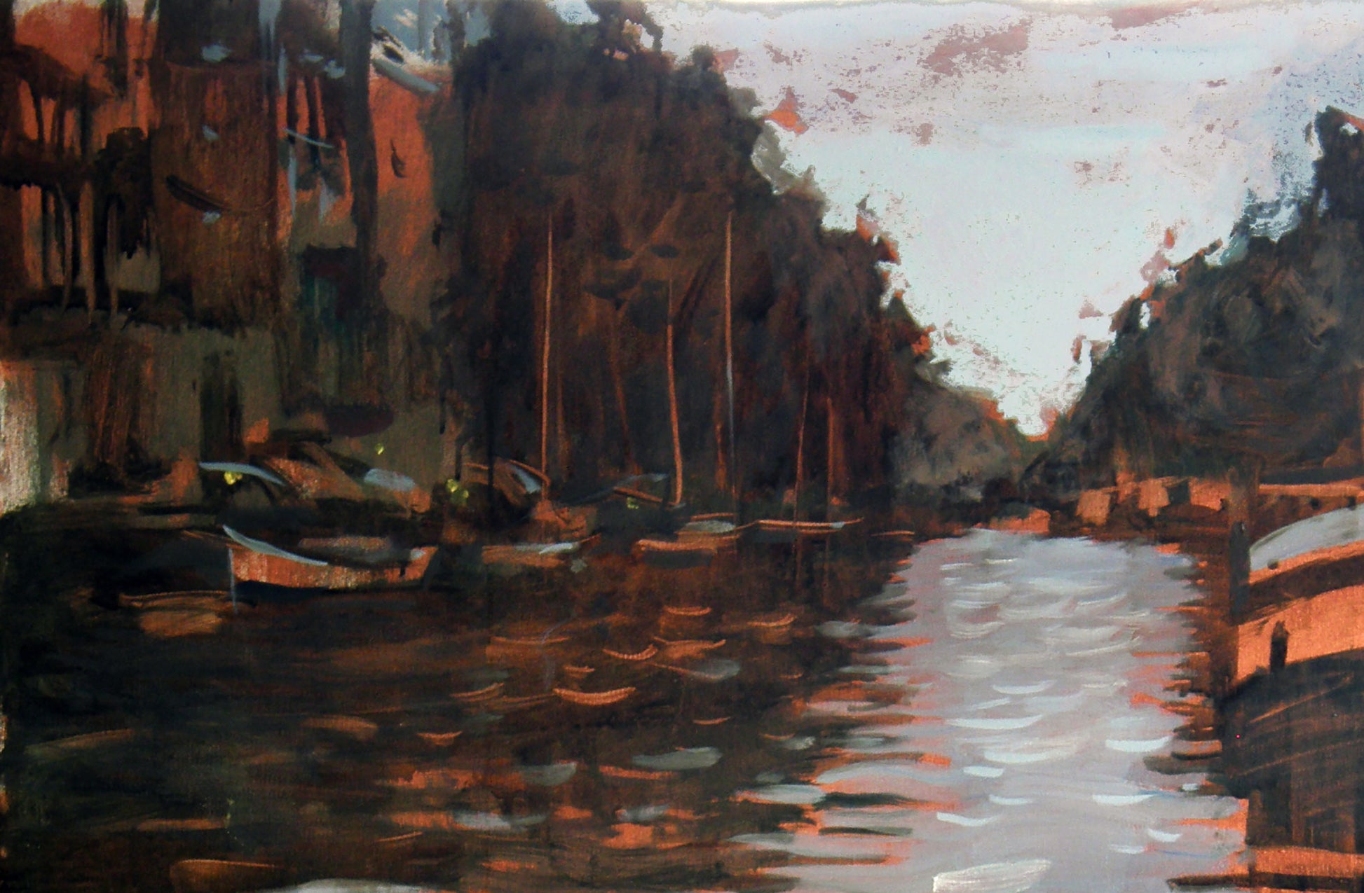 Oil painting of serene city river canal with moored boats by Ed Potapenkov