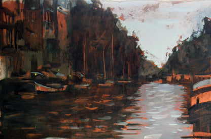 Oil painting of serene city river canal with moored boats by Ed Potapenkov