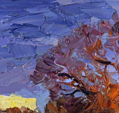 Oil painting Autumn September Days by Boris Serdyuk with purple, orange, yellow brushstrokes