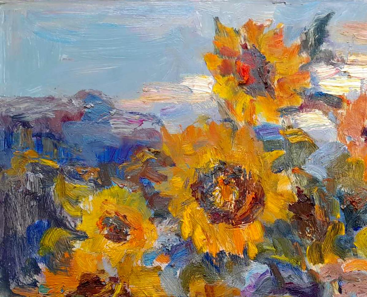 Vibrant yellow Oi sunflowers painting by Ivan Kovalenko, impressionistic brushstrokes on blue sky