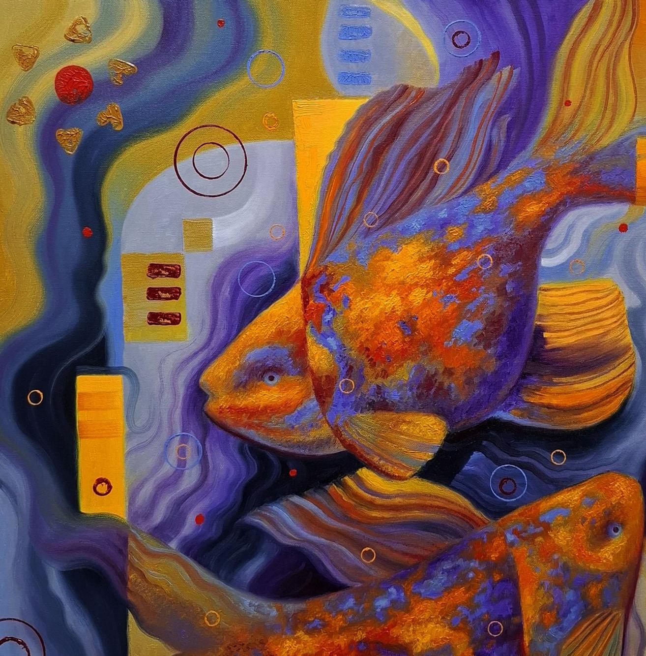 Vibrant oil painting by Sergiy Voichenko: orange purple fish on golden blue swirls