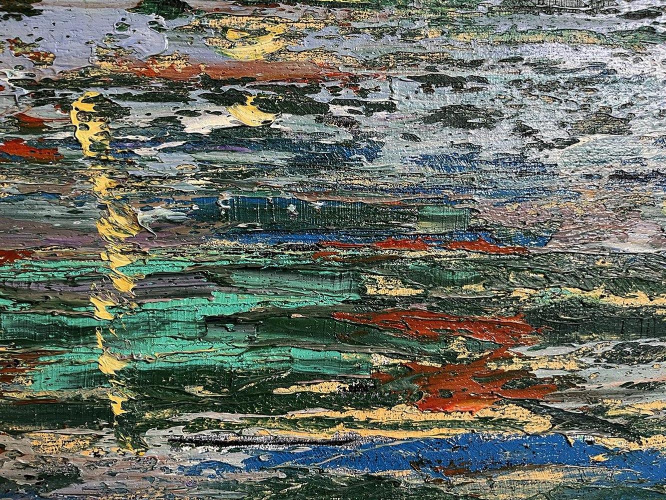 Abstract expressionist oil painting by Serhiy Kovalev in vibrant greens, blues, reds, yellows