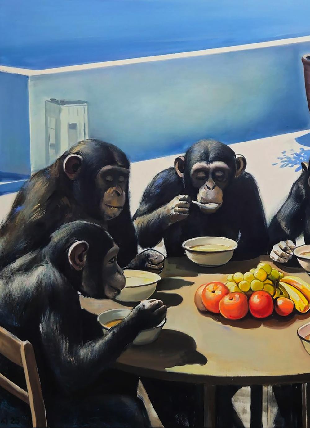 Oil painting of monkeys on vacation by Igor Konovalov on round wooden table