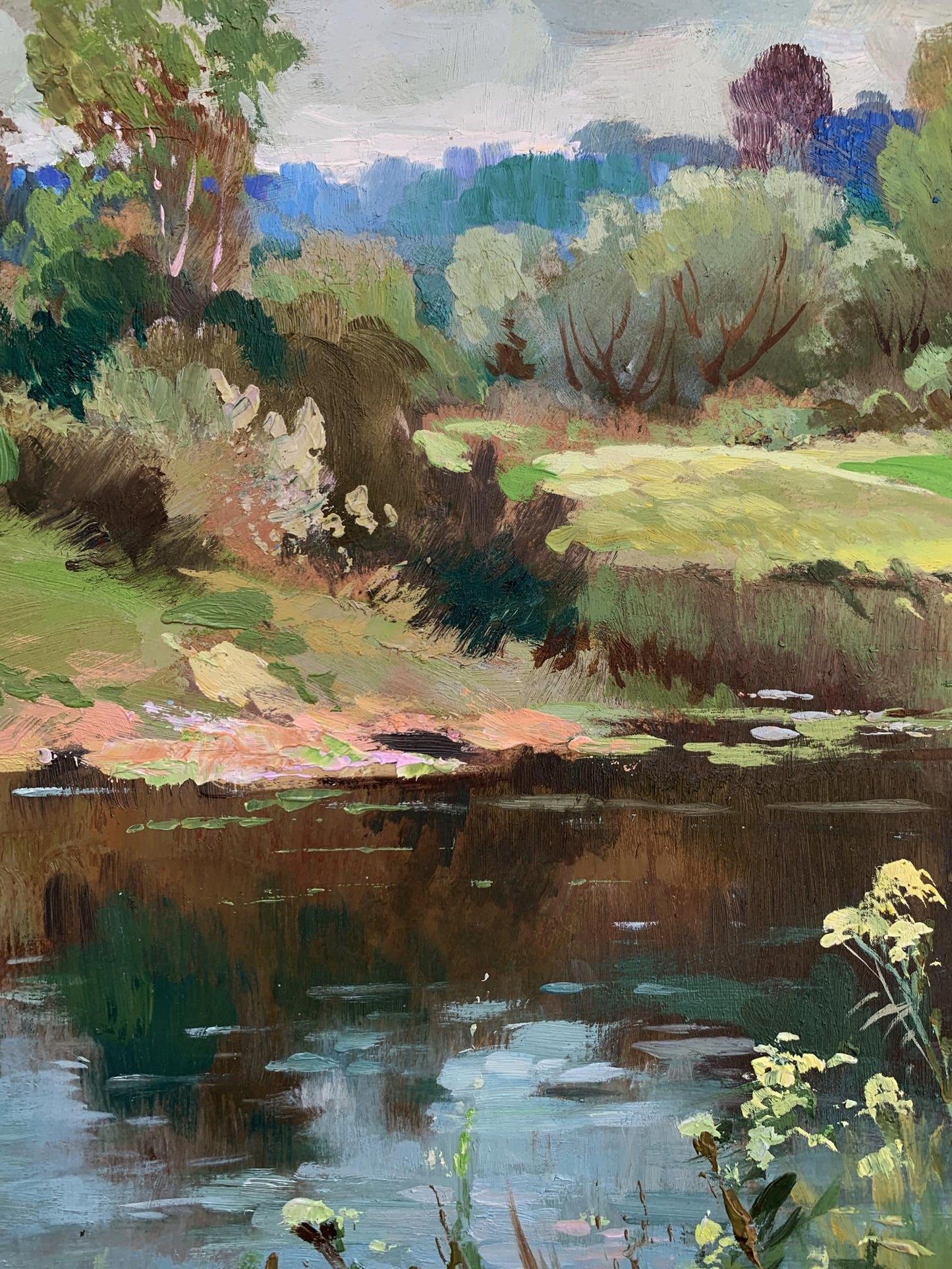 Vibrant impressionist oil painting of river along forest by Yuriy Suprunchuk