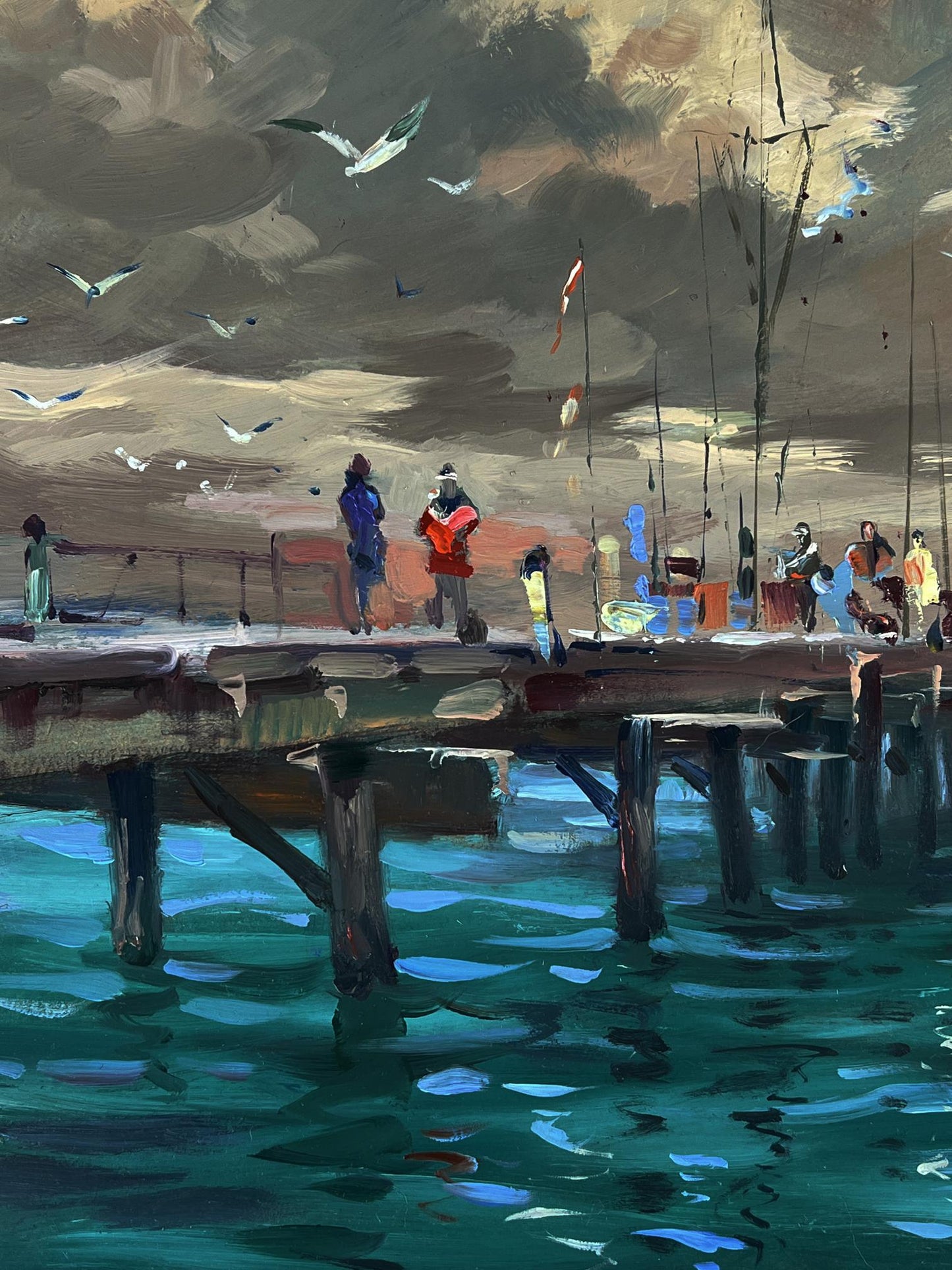 Oil painting of boats at weathered wooden pier by Yuriy Suprunchuk