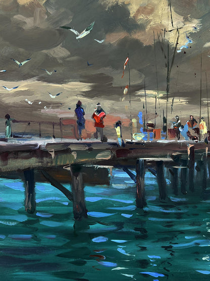 Oil painting of boats at weathered wooden pier by Yuriy Suprunchuk