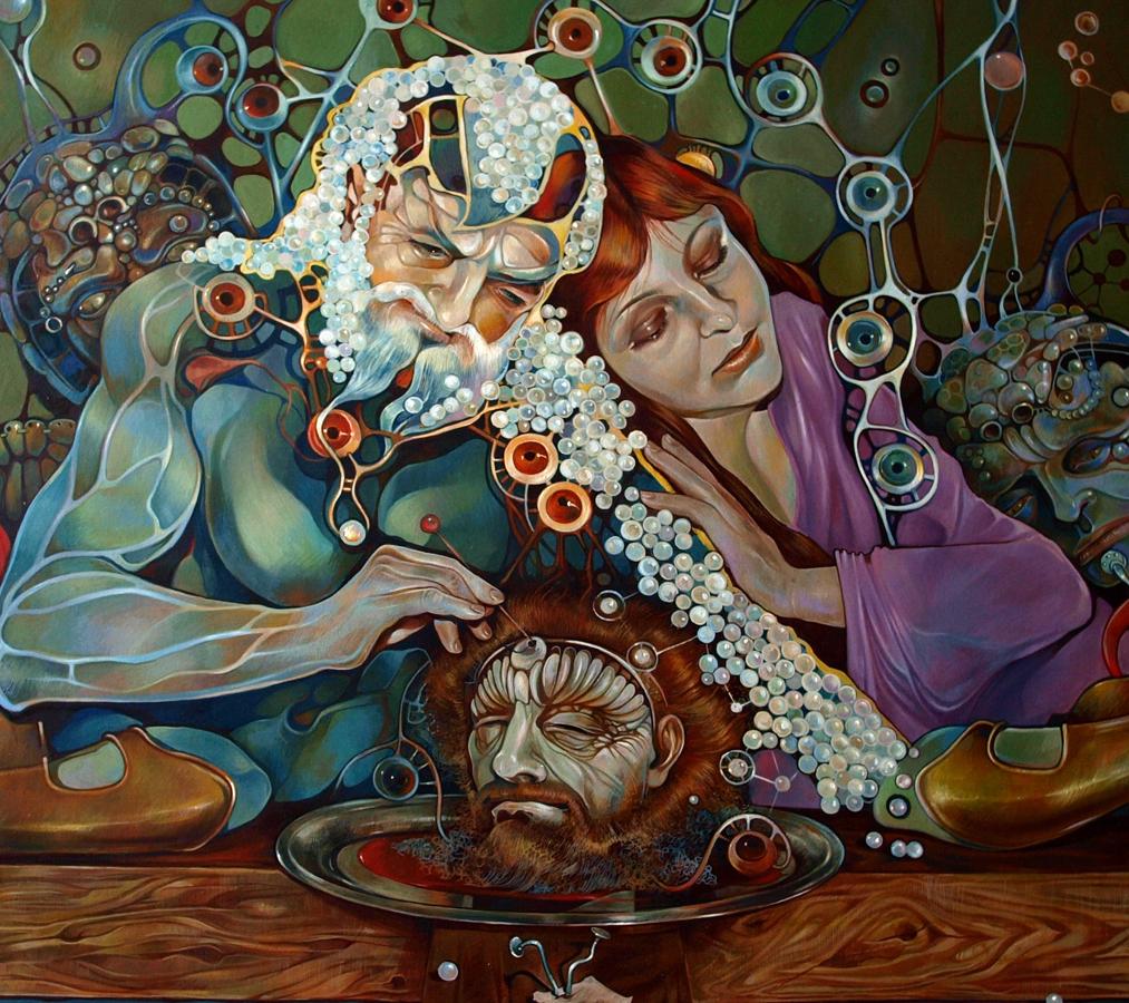 Oil painting Pistis Sophia Konsta G. Amelinn: man with beaded headpiece and woman touching severed head on platter