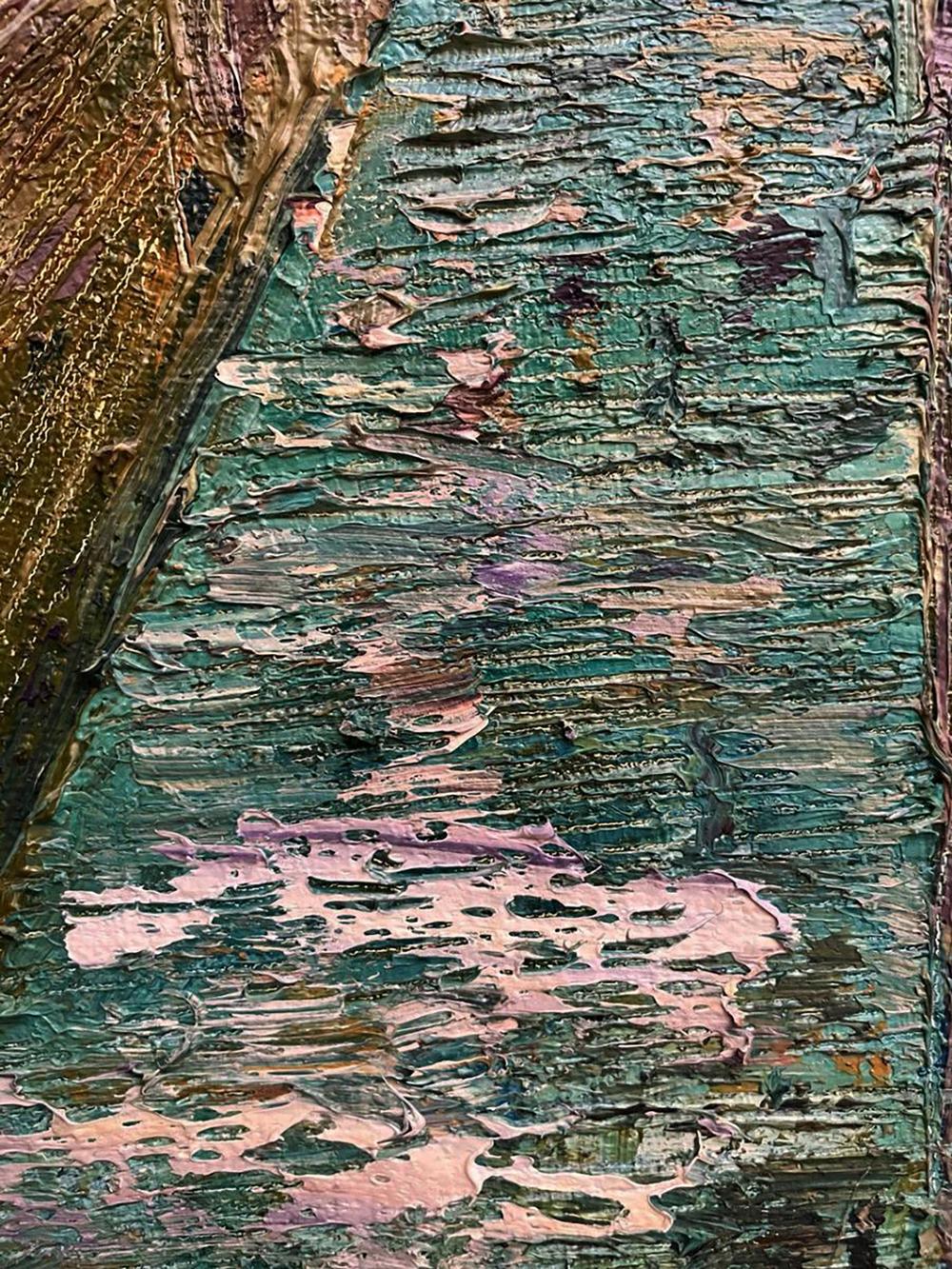 Oil painting Different by Serhiy Kovalev: teal pink textured peeling layers