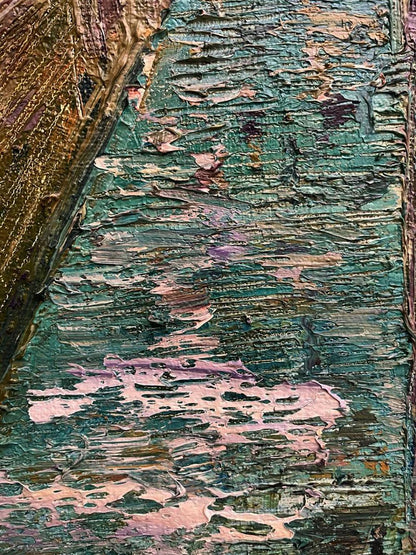 Oil painting Different by Serhiy Kovalev: teal pink textured peeling layers