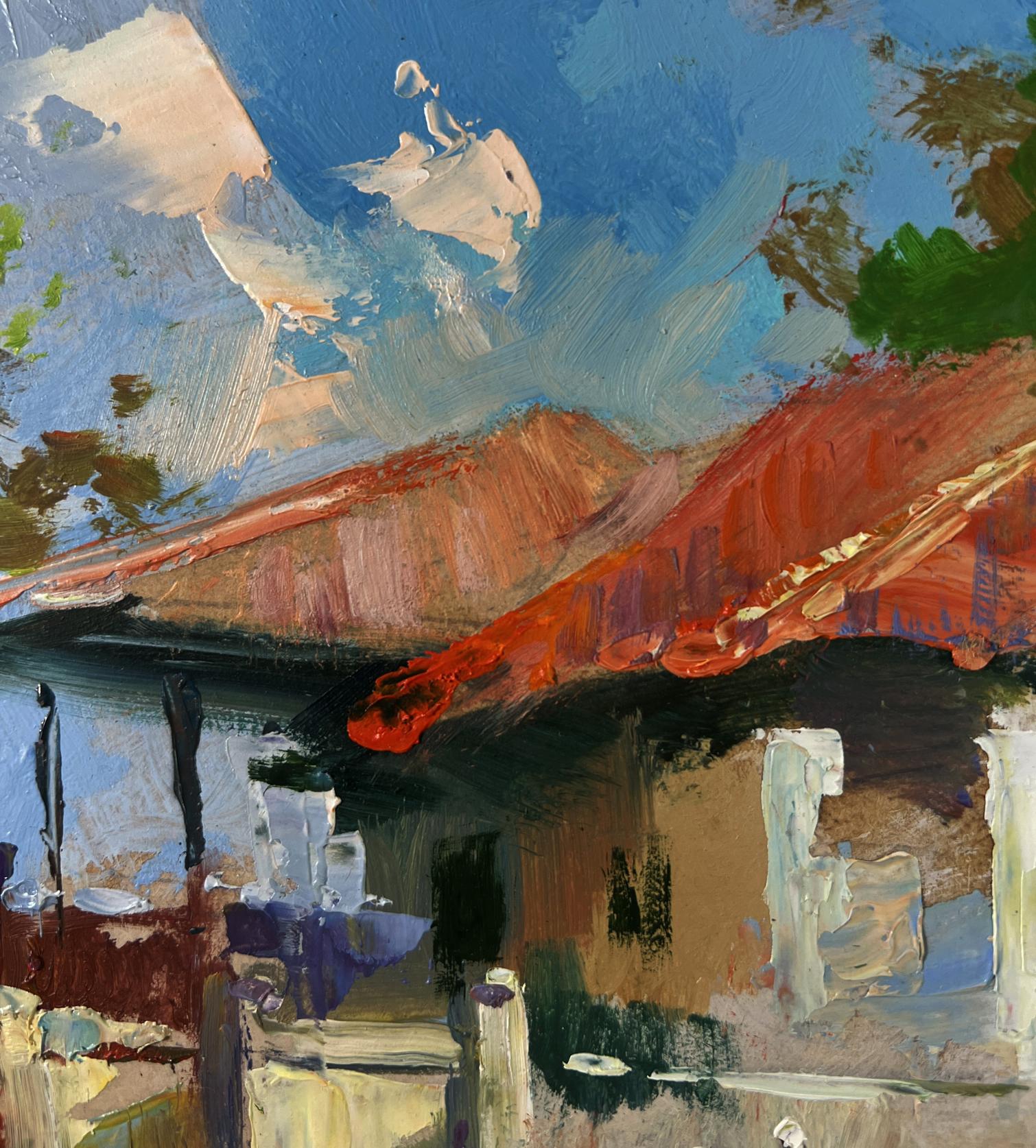 Vibrant red tiled roof on Yuriy Suprunchuk city building oil painting
