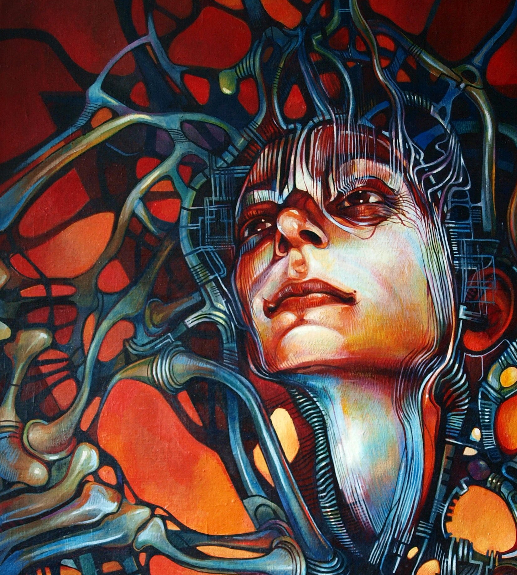 Surreal oil painting Shiva by Konsta G. Amelinn, biomechanical face in blue orange