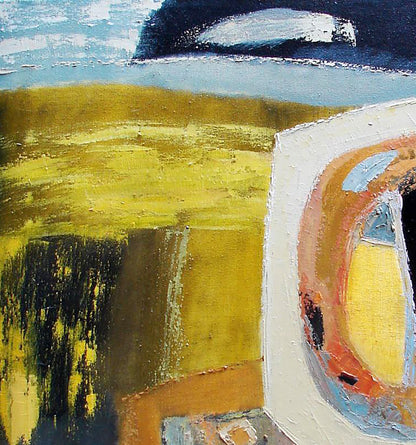 Oil painting Golden Rain by Tatyana Shulyak with bold yellow black white blue strokes