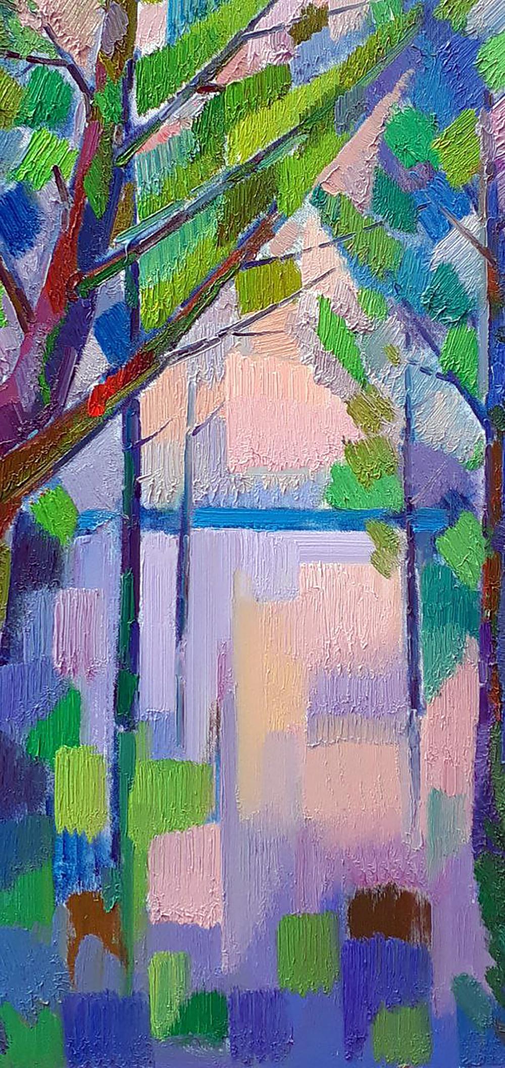 Oil painting Flood by Peter Dobrev: vibrant green blue purple tree branches on pink lavender background
