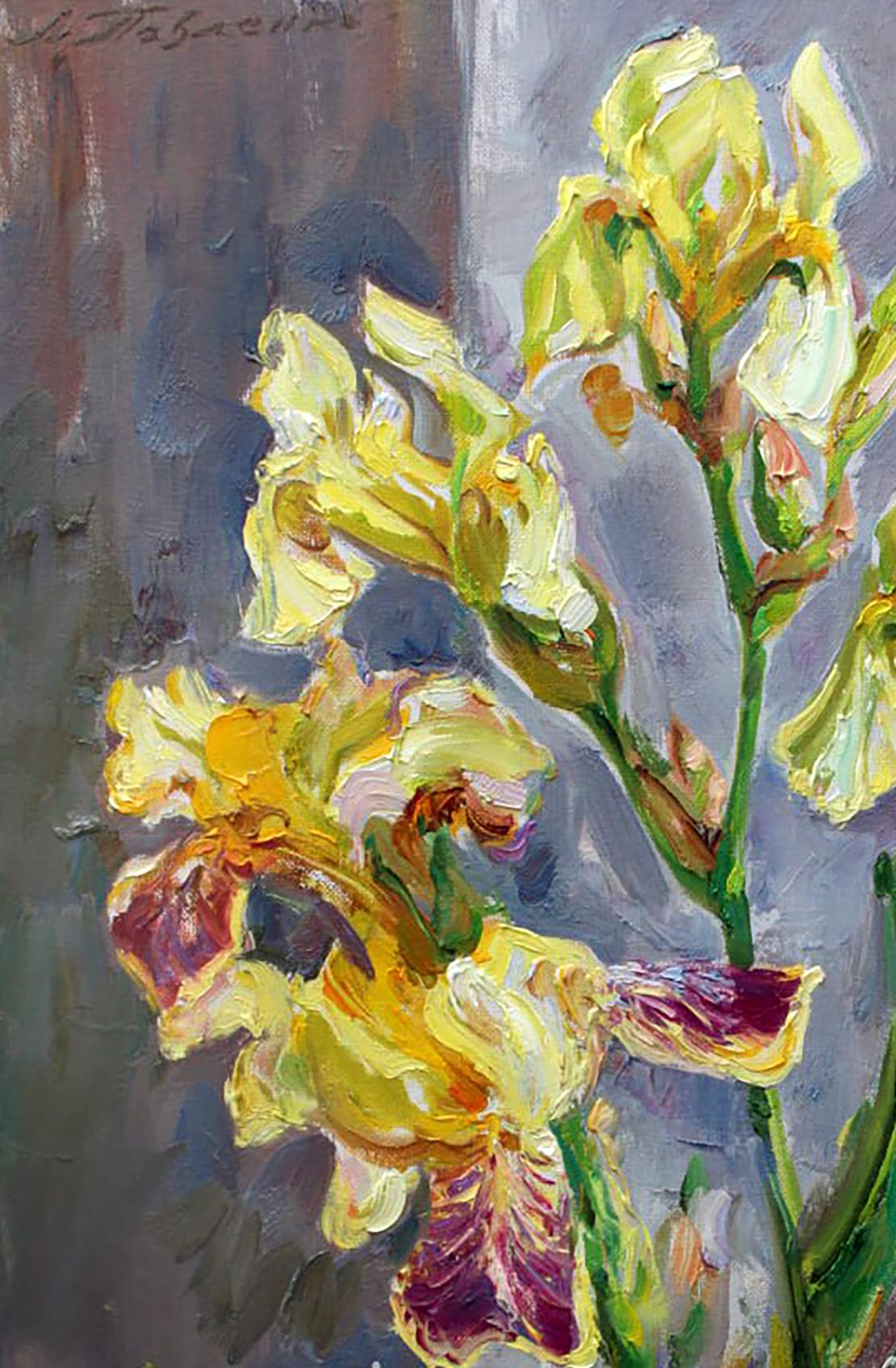 Oil painting Yellow irises by Leonid Pavlenko vibrant yellow purple textured canvas