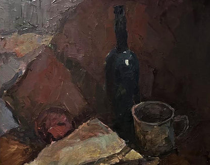 Dark green glass wine bottle in Oleksandr Andreev oil painting still life with fish