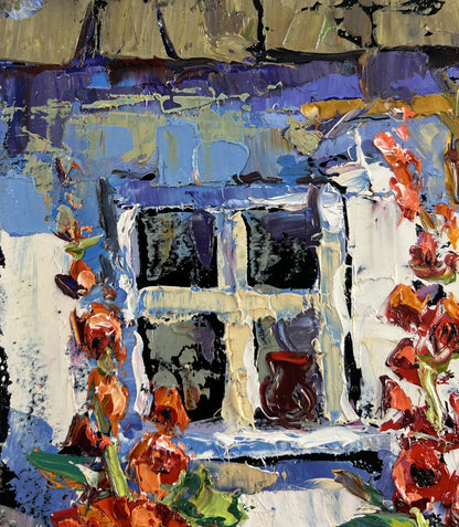 Oil painting by Oksana Ivanyuk: mallows blooming near house with blue window