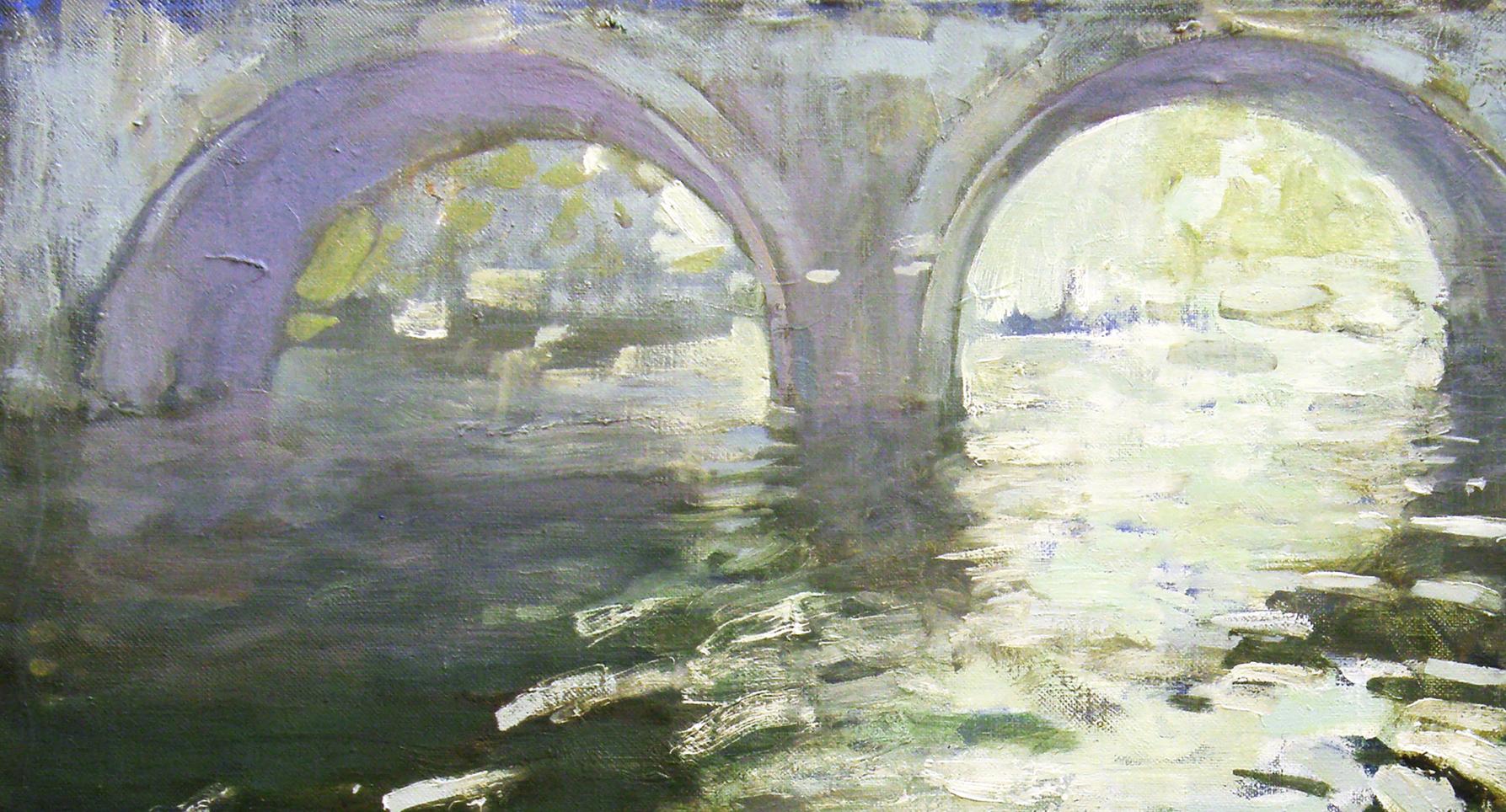 Oil painting of Ancient Bridge by Ed Potapenkov purple stone arch over calm river