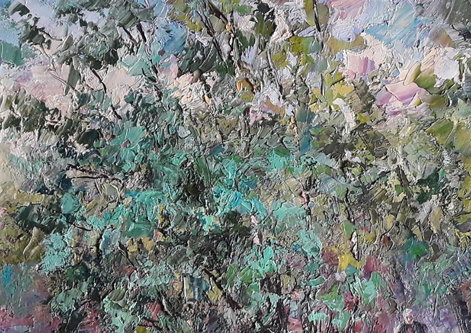 Oil painting On the Hunt by Boris Serdyuk with textured green blue earthy tones