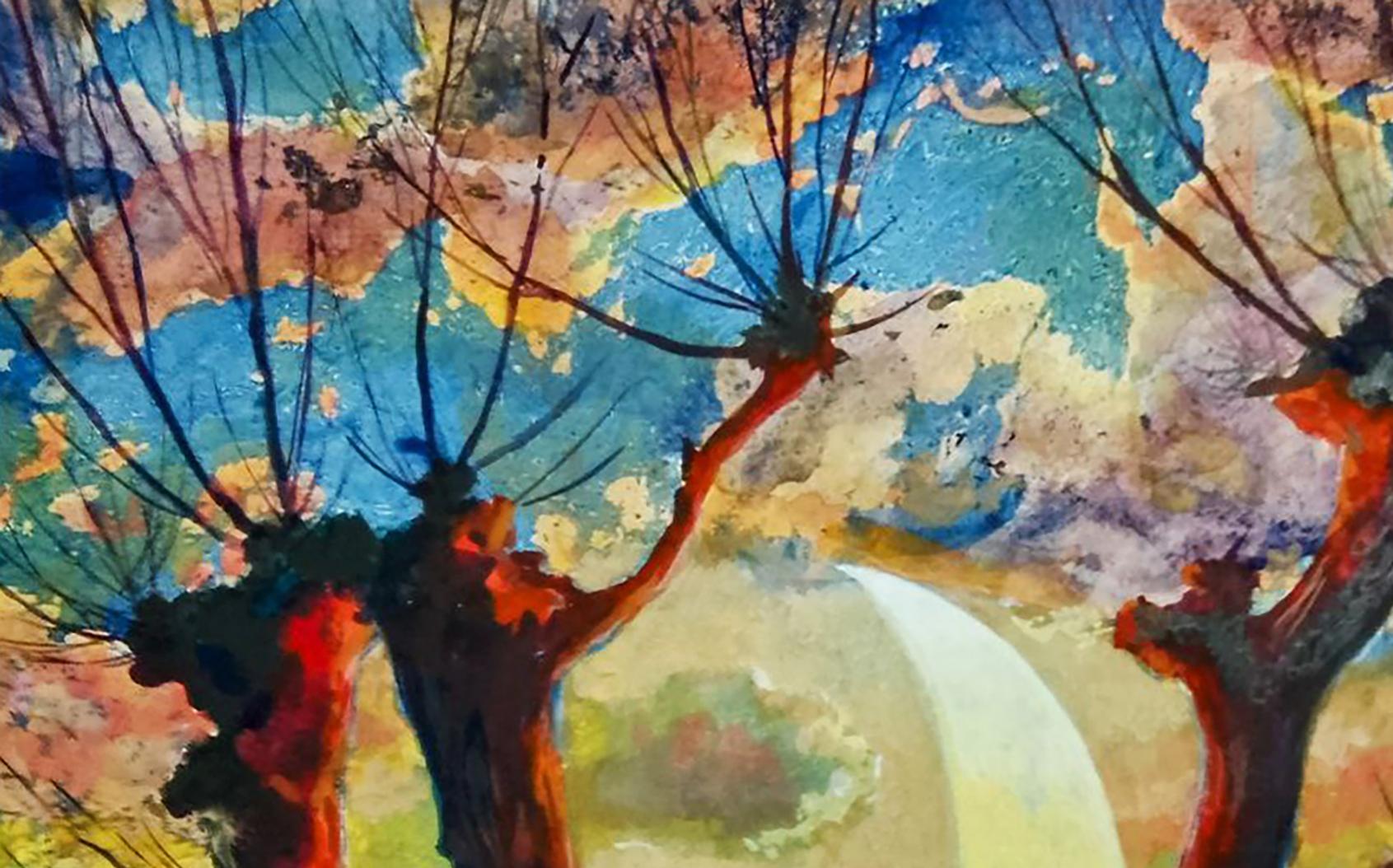 Vibrant watercolor oil painting of bare trees by Vitaly Duhnevich