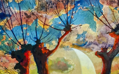 Vibrant watercolor oil painting of bare trees by Vitaly Duhnevich