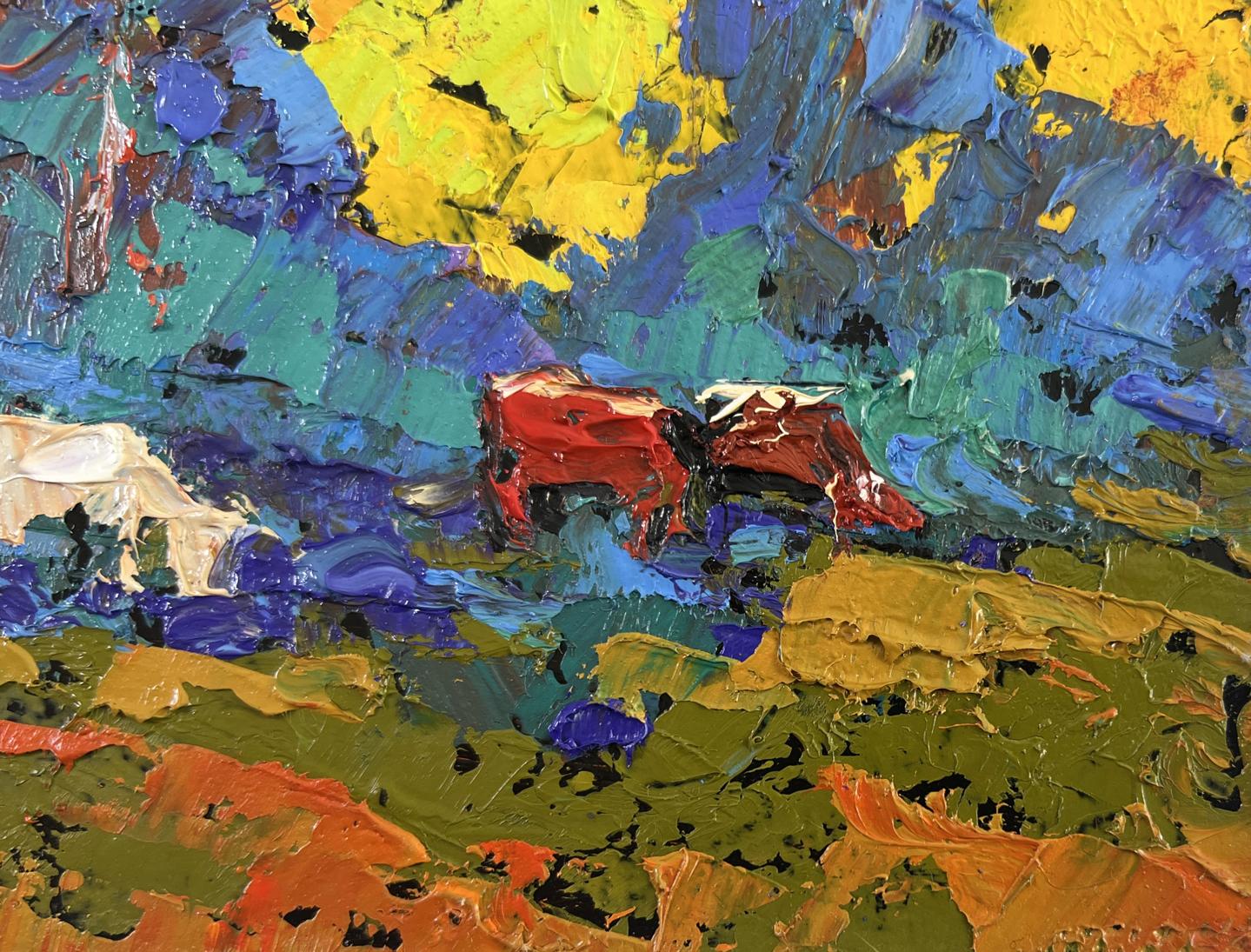 Vibrant oil painting by Oleksiy Ivanyuk: red cows in colorful landscape shade