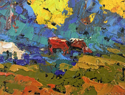 Vibrant oil painting by Oleksiy Ivanyuk: red cows in colorful landscape shade