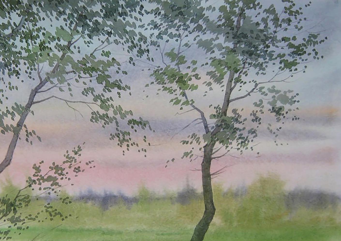 Watercolor painting of pink sunset in field with slender trees by Valery Savenets