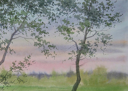 Watercolor painting of pink sunset in field with slender trees by Valery Savenets