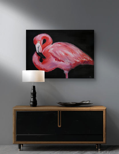 Oil painting Pink flamingo by Victoria Kagalovska on dark wall