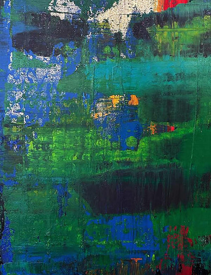 Acrylic painting Walk in the forest by Olga Melezhik, bold green blue strokes