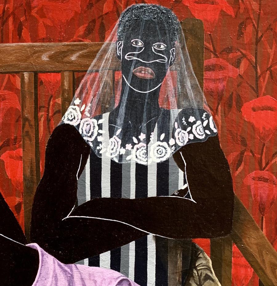 Acrylic painting of black-and-white striped dress with floral neckline by Akintomide Akinshola