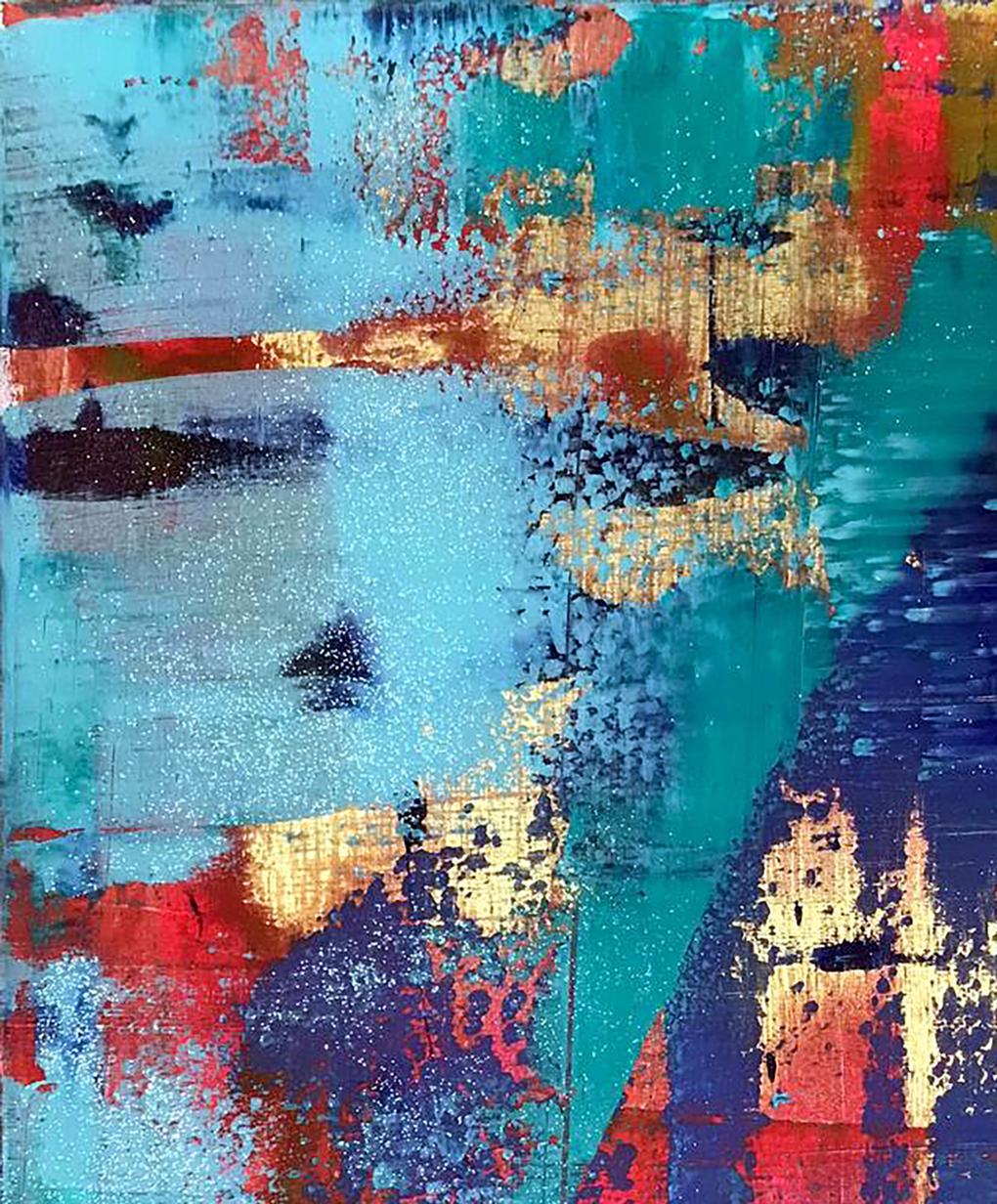 Vibrant Summer Breeze acrylic painting by Olga Melezhik in teal, red, gold, blue