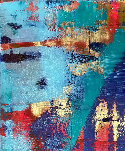 Vibrant Summer Breeze acrylic painting by Olga Melezhik in teal, red, gold, blue