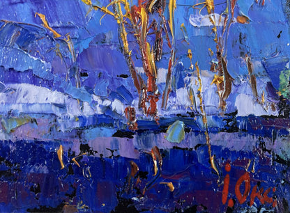 Vibrant blue and gold Frosty stars evening sky oil painting by Oksana Ivanyuk