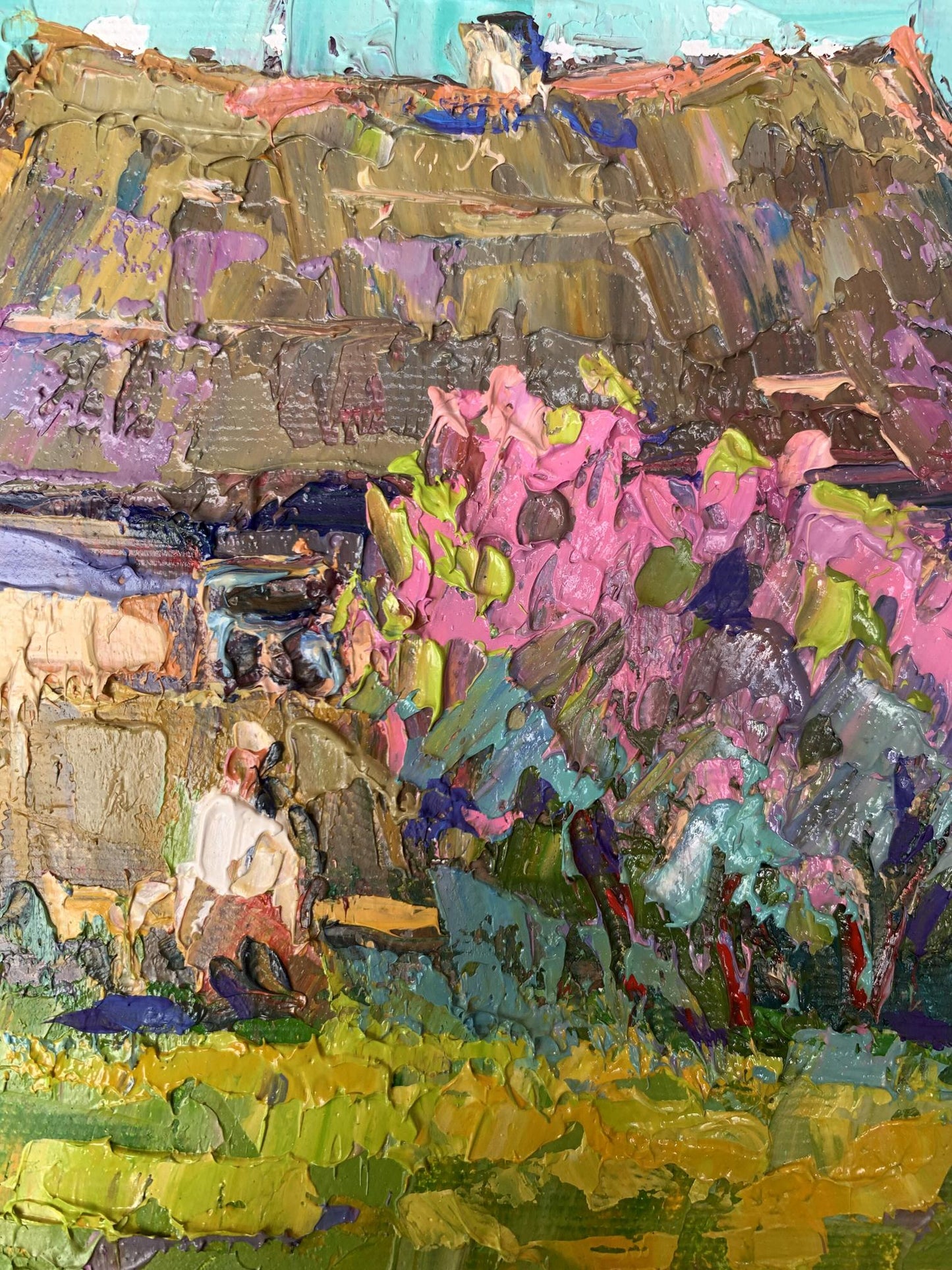 Vibrant oil painting of blooming garden by Oksana Ivanyuk