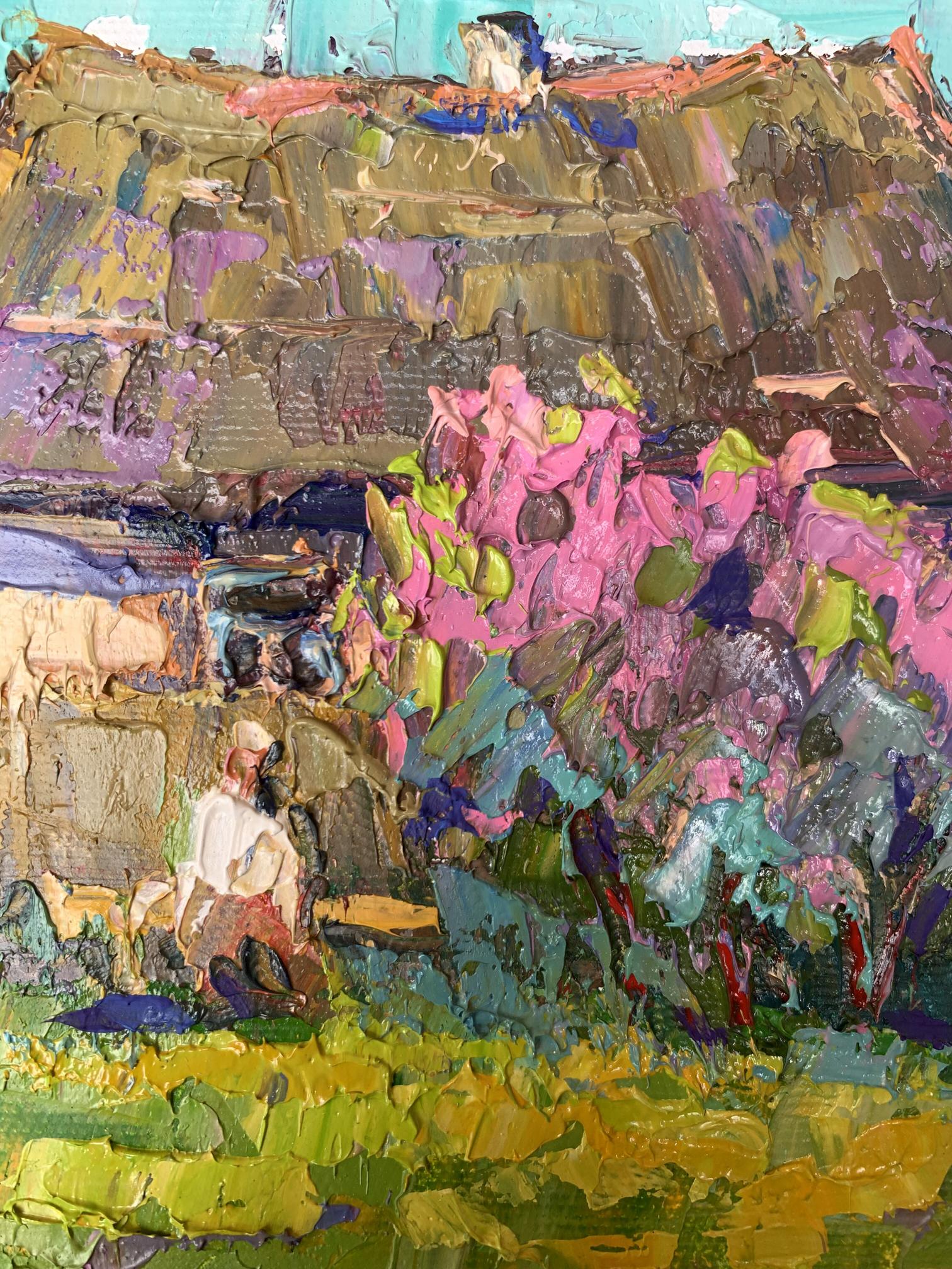 Vibrant oil painting of blooming garden by Oksana Ivanyuk