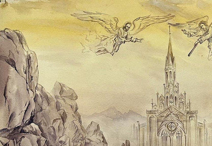 Watercolor painting of Ghost of the Gothic by Dmytro Startsev with angels above cathedral