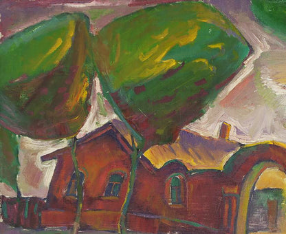 Oil painting by Oleksandr Andreev: red brick house with yellow roof under purple sky